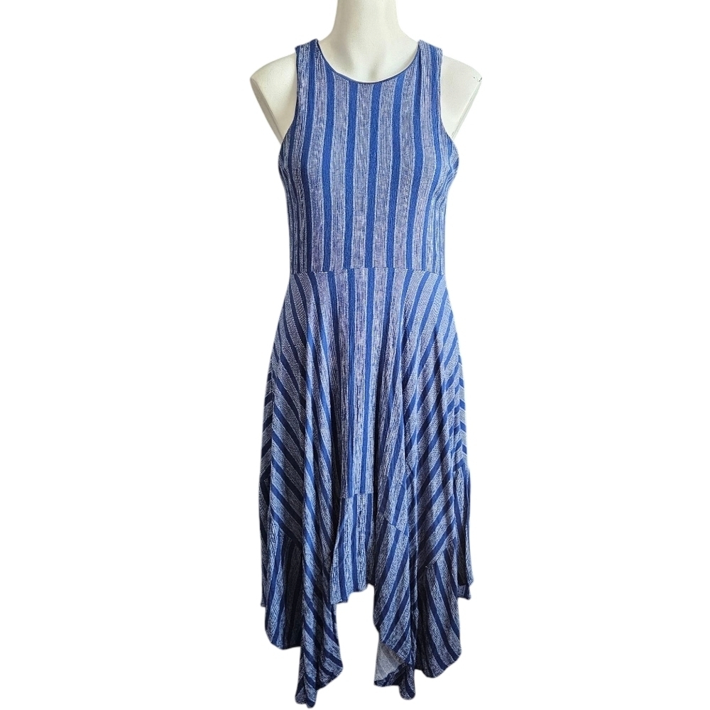 Lumiere M Blue/White Striped Sleeveless Midi Dress Asymmetric Hem